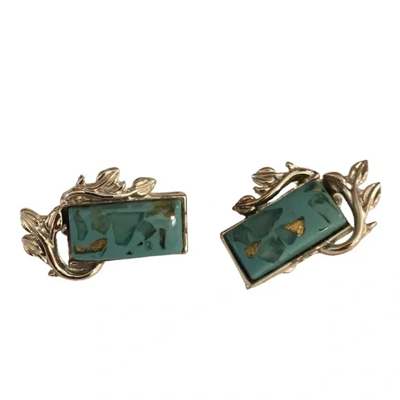 Vintage Coro Confetti Turquoise Lucite Clip On Earrings Gold Flakes Silver Tone - Picture 6 of 8